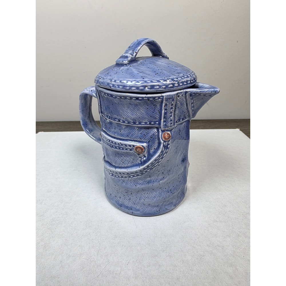 Vtg 1970s Ceramic Blue Jean Creamer Pitcher Denim Look Cream Lidded Signed Rita